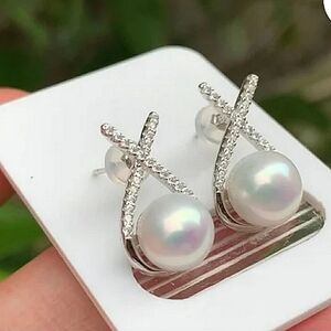 Rhinestone Pearl Earrings Silver
